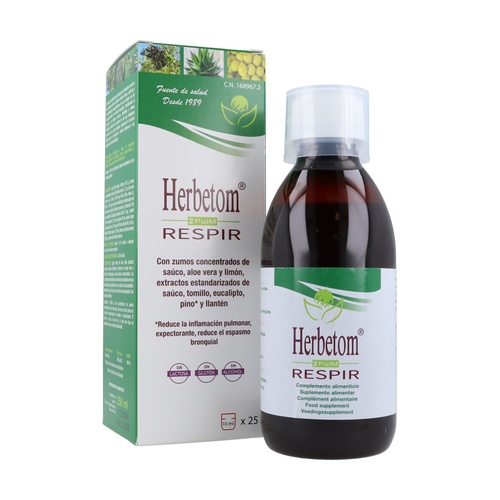 Herbetom 2 Pulm Respir Bioserum 250ml Spray suplemento Herbetom Respir com embalagem verde e branca e frasco escuro
