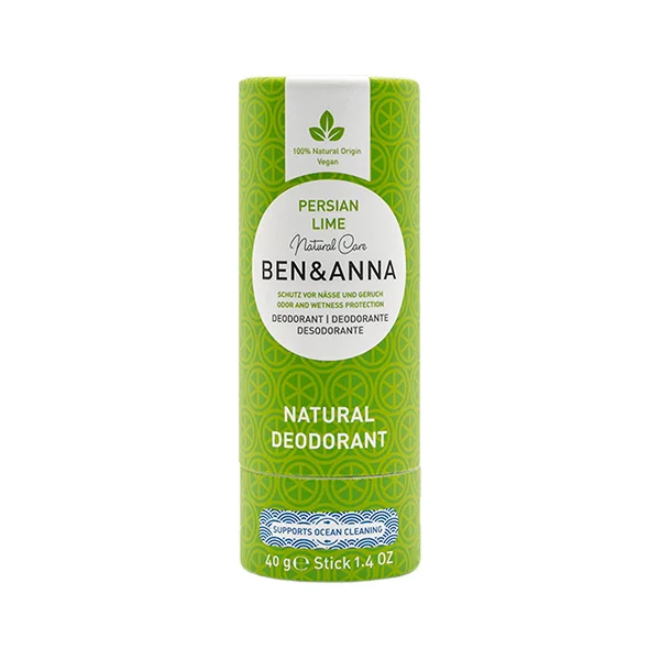 Desodorizante Stick Lima Persa Ben&Anna 40g Desodorizante natural em stick verde com texto Ben & Anna Persian Lime