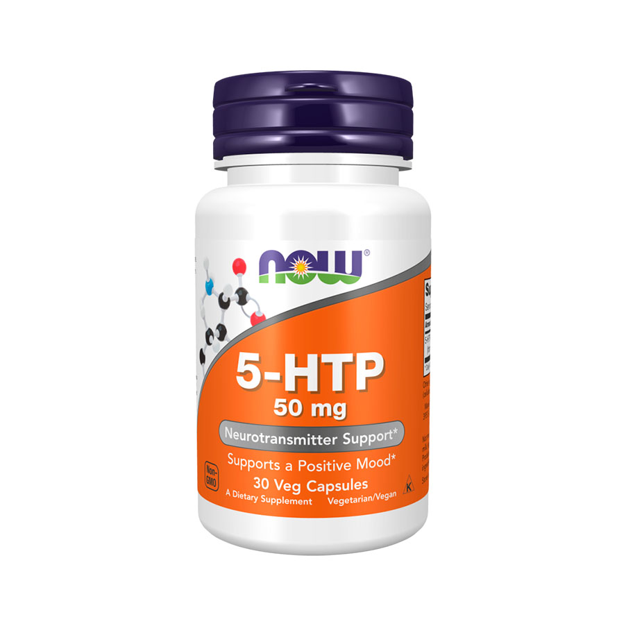 5-HTP 50mg Now 90 cápsulas Frasco de suplemento NOW 5-HTP 50 mg com rótulo laranja e tampa roxa