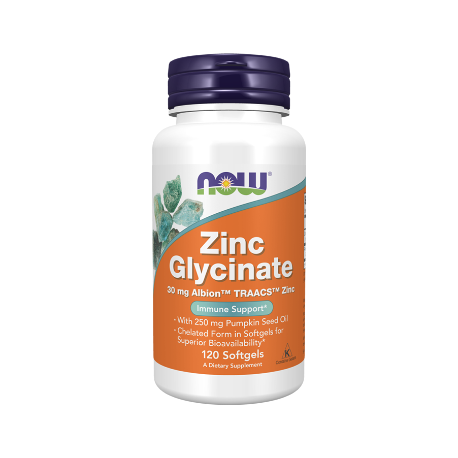 Zinc Glycinate 30mg Now 120 softgels Frasco de suplemento NOW Zinc Glycinate com rótulo laranja e tampa roxa