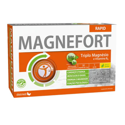 Magnefort Rapid DietMed 30 ampolas Embalagem branca e laranja de suplemento MAGNEFORT RAPID com triplo magnésio e vitamina B6