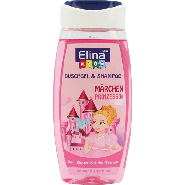 Gel de Banho 2 em 1 Princesas Elina 250ml Frasco rosa de gel de banho e champô infantil Elina Kids com ilustração de princesa e castelo