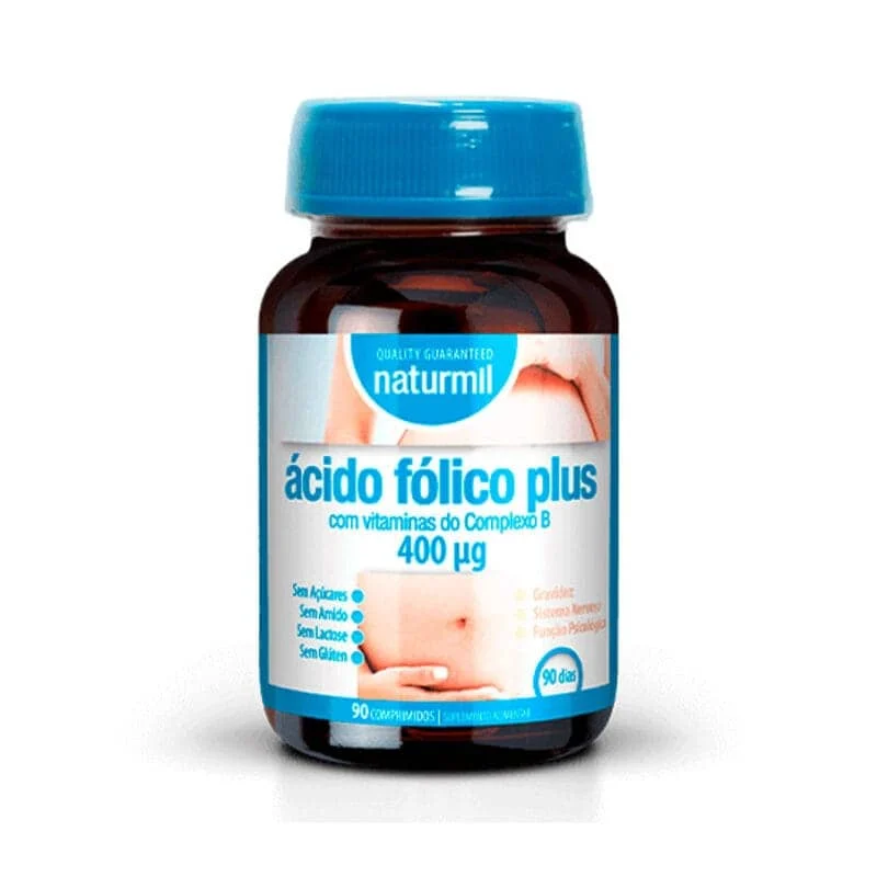 Ácido Fólico Plus 400 mcg Naturmil 90 Comprimidos Frasco azul e castanho de ácido fólico plus Naturmil com 400 µg