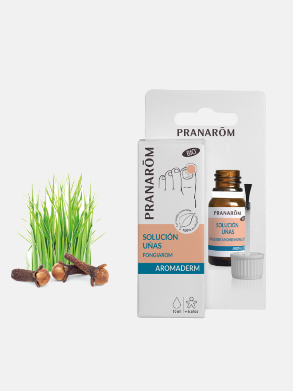 Solução Unhas Amarelas Pranarom 10ml Pranarôm Solución Uñas em embalagem e frasco com cravos e erva verde ao lado