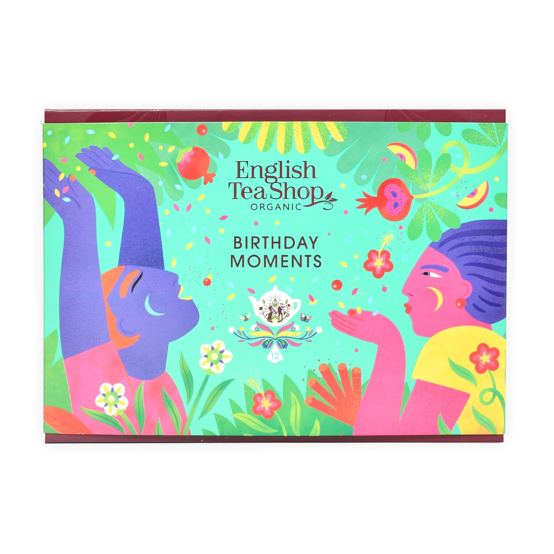 English TeaShop Birthday Moments 12 pirâmides Caixa de chá English Tea Shop Birthday Moments com ilustração colorida de pessoas e flores