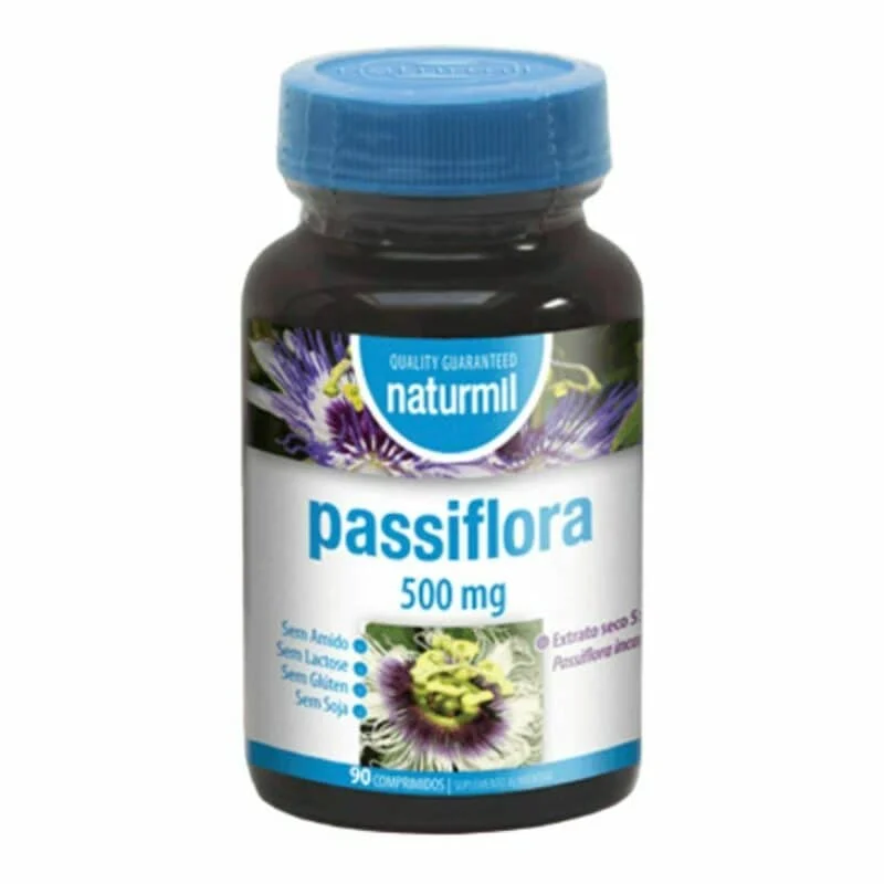 Passiflora 500mg Naturmil 90+30 Comprimidos Frasco de suplemento passiflora 500 mg da Naturmil com tampa azul