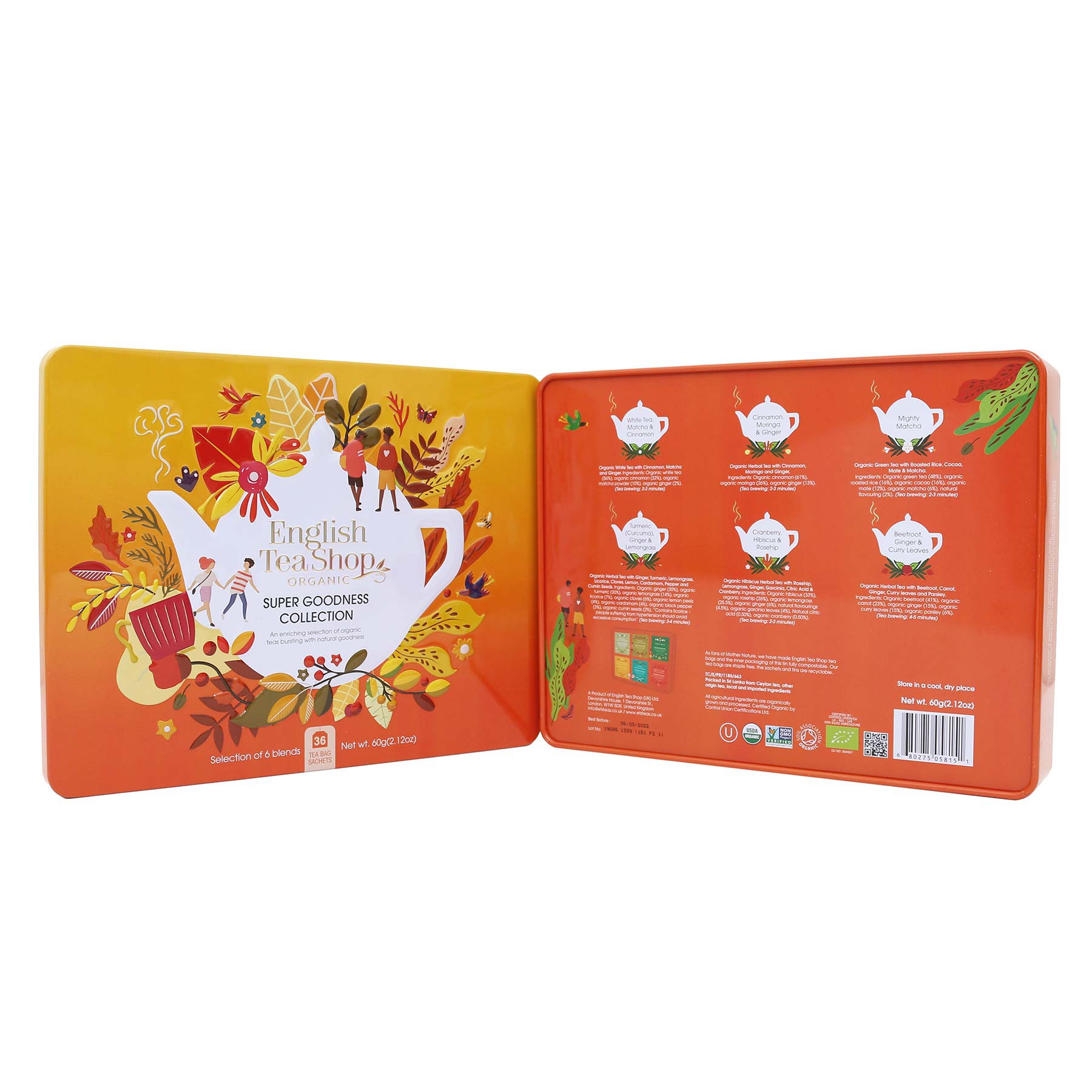 Lata Super Goodness Collection Tea English 36 saquetas Caixa metálica para chá English Tea Shop Super Goodness Collection com design em laranja e amarelo