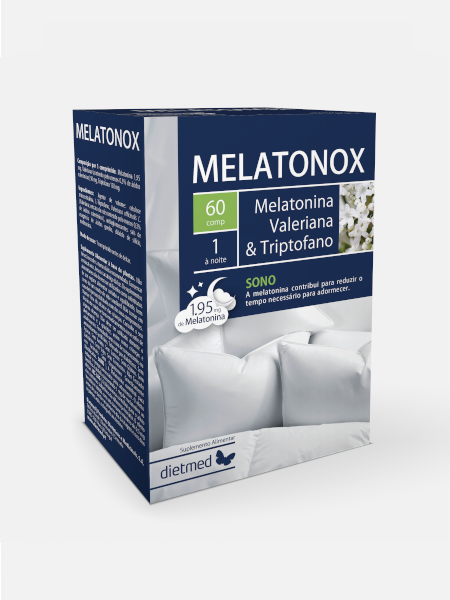 Melatonox 1,95 mg Dietmed 60 comprimidos Embalagem azul e branca de suplemento MELATONOX com 60 comprimidos para sono