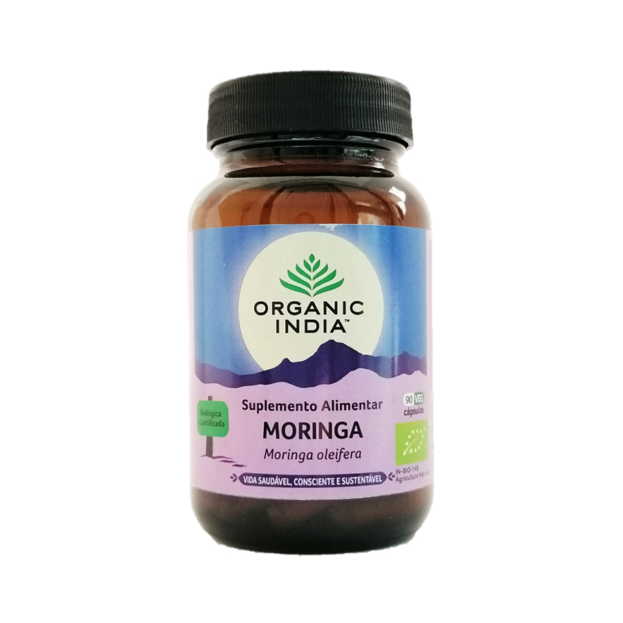 Moringa Organic India 90 Cápsulas Suplemento alimentar Moringa oleifera da Organic India em frasco castanho