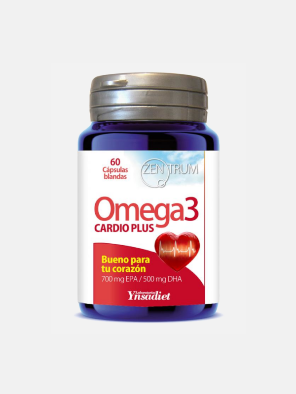 Omega 3 Cardio Plus Zentrum 60 cápsulas frasco azul do suplemento Omega 3 Cardio Plus com rótulo branco e vermelho