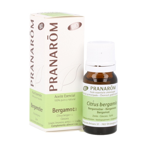 Óleo Essencial Bergamota Pranarom 10ml Óleo essencial de Bergamota PRANARÔM em frasco de vidro castanho com caixa branca e verde