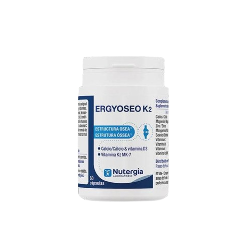 ErgyOseo K2 60 Cápsulas Nutergia frasco branco de suplemento alimentar ERGYOSEO K2 Nutergia com rótulo azul e branco