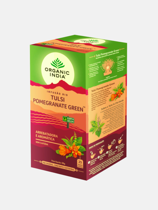 Tulsi Pomegranate Green Infusão Organic India 25 saquetas Caixa de chá Organic India Tulsi Pomegranate Green com 25 saquetas