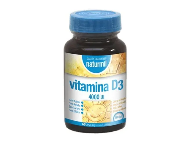 Vitamina D3 4000 UI Naturmil 60 Cápsulas Frasco de vitamina D3 naturmil com rótulo branco e azul