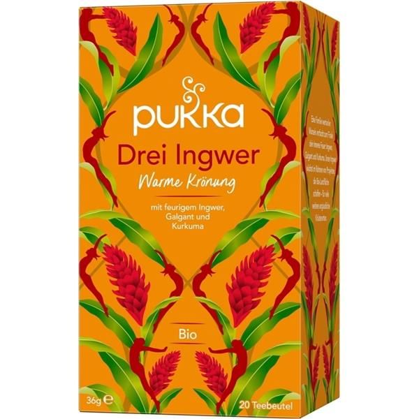 Três Gengibres Infusão Pukka 20 saquetas Caixa de chá Pukka Drei Ingwer com ilustrações de plantas vermelhas em fundo laranja
