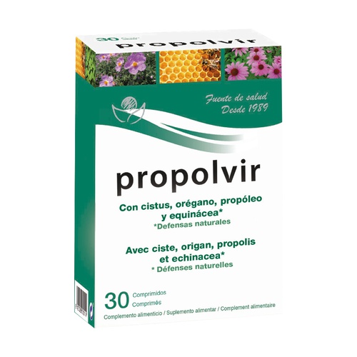 Propolvir Bioserum 30 comprimidos Embalagem verde e branca de suplemento alimentar chamado propolvir com 30 comprimidos.