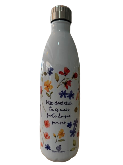 Garrafa Térmica 1 Litro - Não Desistas, tu és mais forte do que pensas Garrafa metálica branca com flores coloridas e mensagem em português