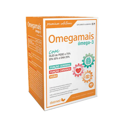 Omegamais Dietmed 60 Cápsulas Caixa do suplemento Omegamais omega-3 com design branco e laranja e texto informativo