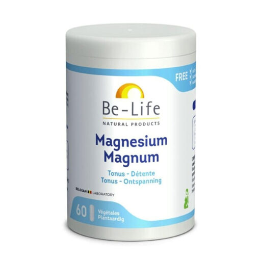 Magnesium Magnum Be-Life 60 cápsulas Frasco branco de suplemento Be-Life Magnesium Magnum com rótulo azul e amarelo.