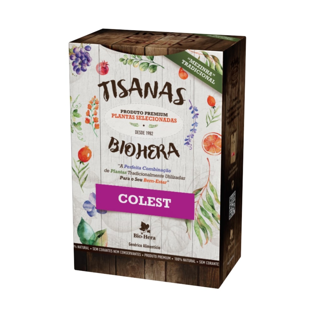 Tisana Colest BioHera 100g Embalagem de tisanas Bio-Hera com design rústico e ilustrações de plantas.