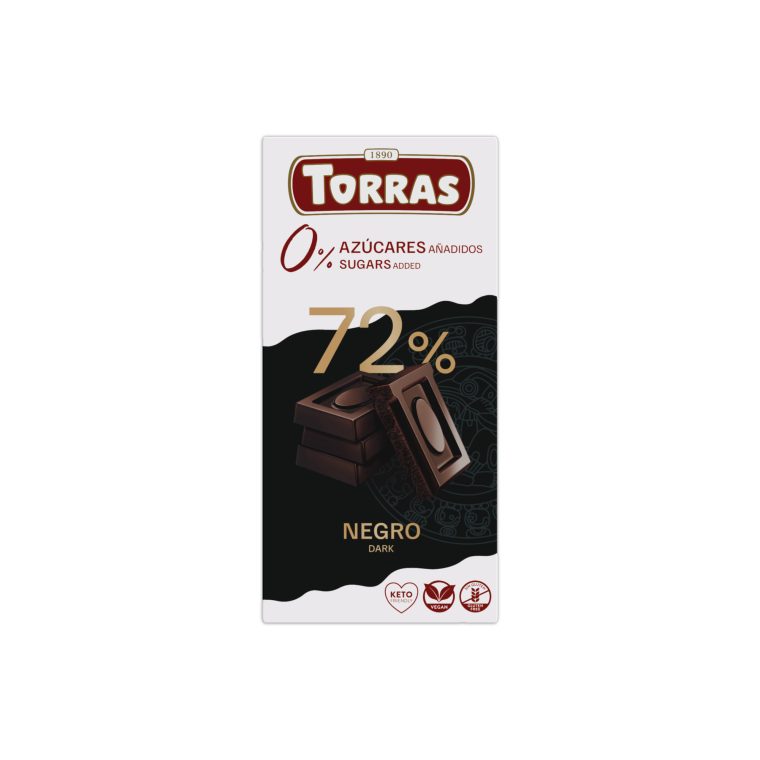 Chocolate Negro 0% açúcar Torras 75g Embalagem de chocolate negro 72% Torras sem açúcares adicionados