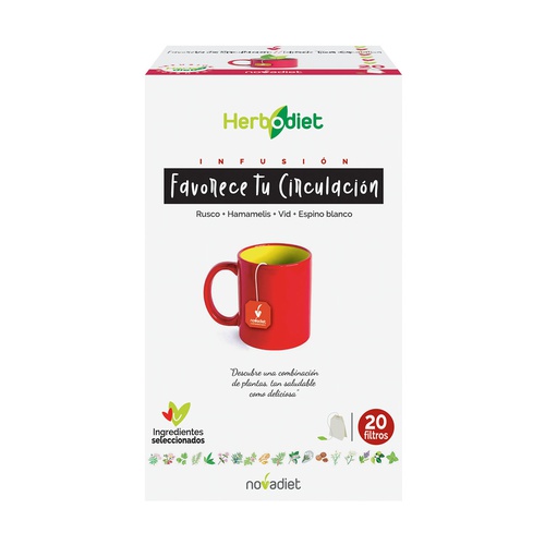 Favorece Tu Circulacion Herbodiet 20 Saquetas Caixa de infusão Herbodiet Favorece tu circulación com 20 filtros e imagem de chávena vermelha e verde.
