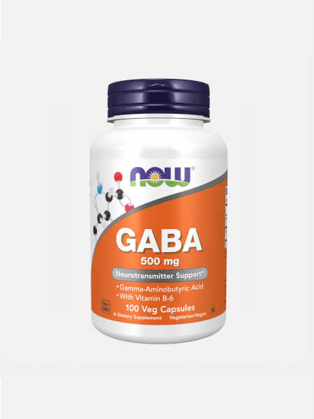 Gaba 500mg Now 100 cápsulas Frasco branco de suplemento NOW GABA 500 mg com tampa roxa e rótulo laranja