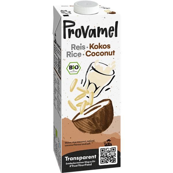 Bebida Bio Arroz Coco Provamel 1L Caixa de bebida vegetal Provamel Reis Kokos Rice Coconut com ilustração de coco e arroz