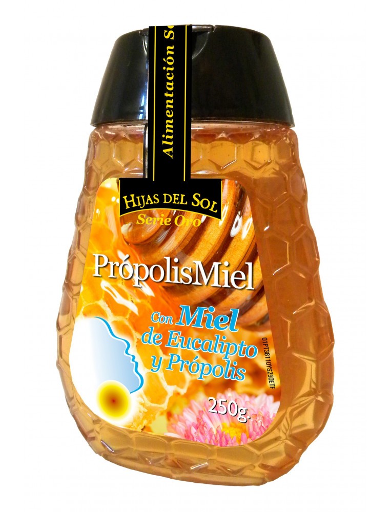 Mel Digest Hijas del sol 250 g Frasco de plástico com mel com rótulo amarelo e tampa preta