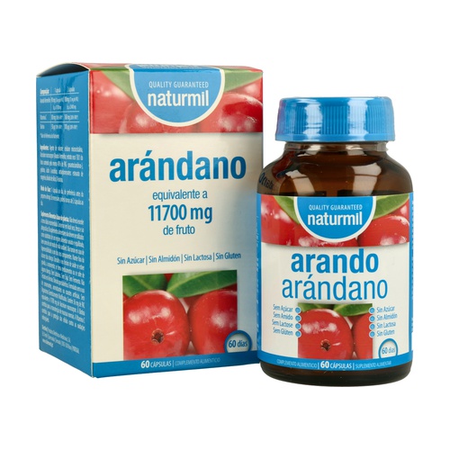 Arando 90mg Naturmil 60 Cápsulas frasco e caixa de suplemento de arándano naturmil