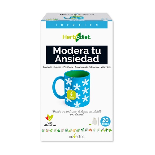 Modera tu Ansiedad Herbodiet 20 Saquetas Embalagem branca do suplemento Herbodiet com caneca azul e texto 'Modera tu Ansiedad'
