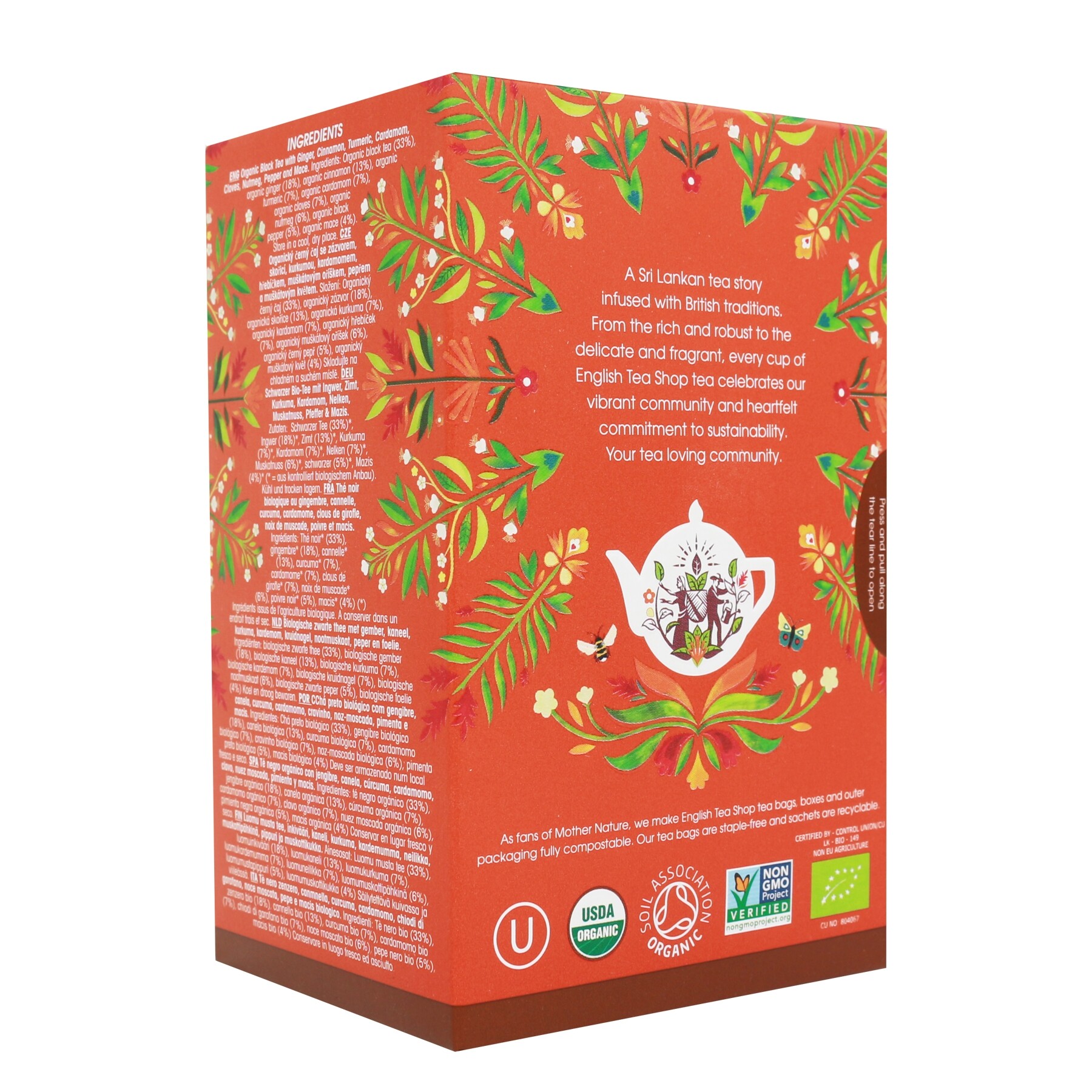 Chá Preto English Tea Shop 20 saquetas Pacote de chá inglês com design floral colorido em fundo laranja e texto em inglês.