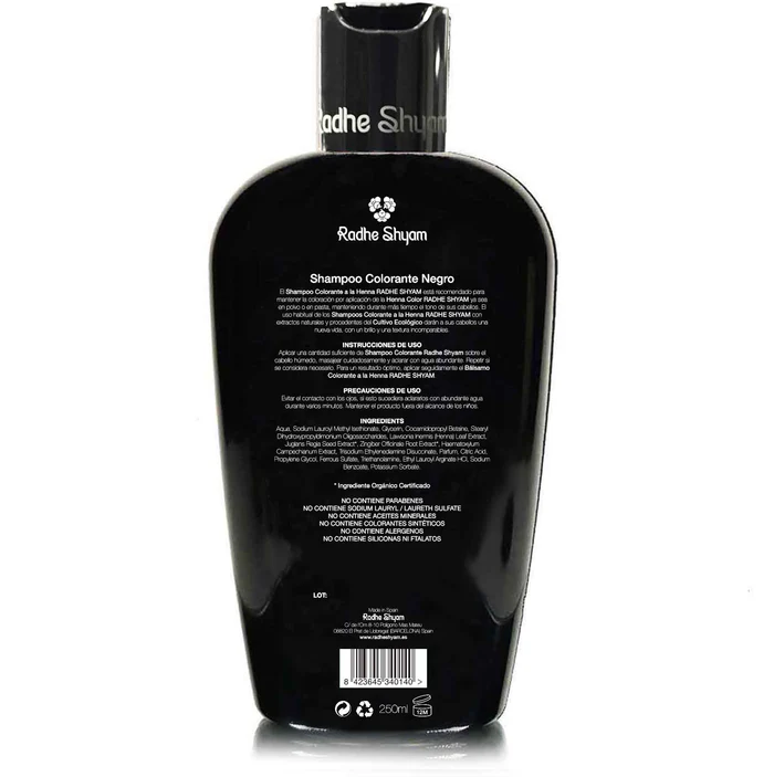 Shampoo Coloração Preta Radhe Shyam 250ml Frasco preto de champô Roche Shyam com texto branco