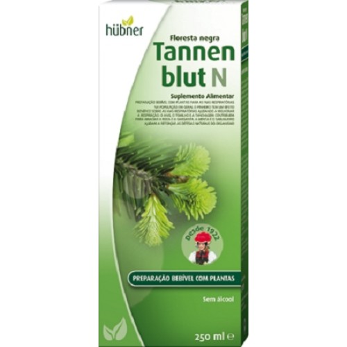Tannenblut N Hubner 250ml Embalagem verde de suplemento alimentar Tannen blut N da Hübner com ramo de pinheiro