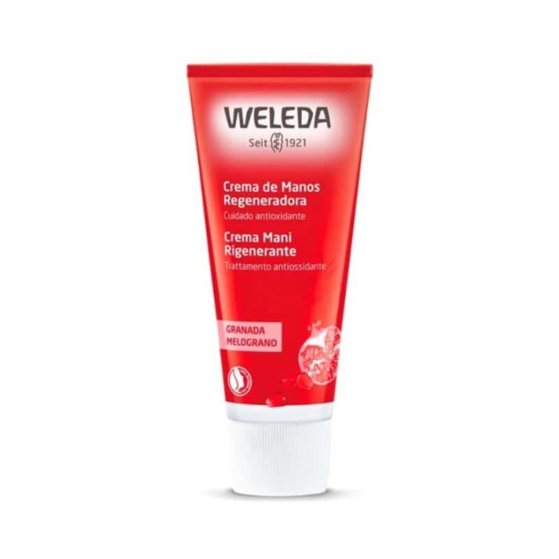 Creme de Mãos Regenerador Weleda 50ml Frasco de creme de mãos Weleda vermelho com tampa branca