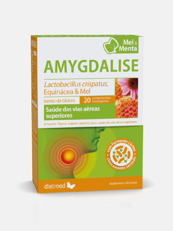 Amygdalise Mel e Menta Dietmed 20 comprimidos Caixa do suplemento AMYGDALISE Mel & Menta para saúde das vias aéreas superiores.