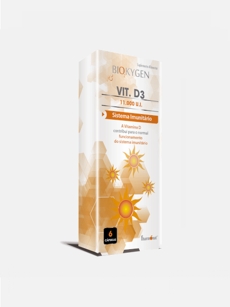 Vitamina D3 11 000 UI Fharmonat 6 cápsulas Embalagem do suplemento Vitamina D3 BIOXYGEN 11.000 U.I. com design branco e laranja e ícones solares