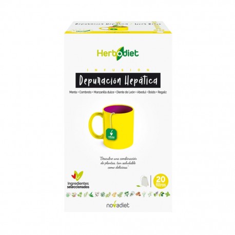 Depuracion Hepática Herbodiet 20 Saquetas Caixa de infusões Herbodiet Depuração Hepática com uma chávena amarela ilustrada