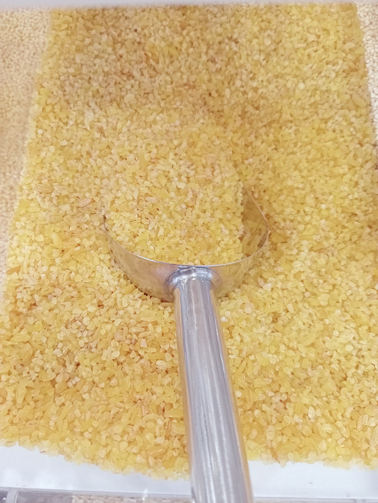 Bulgur GRANEL Scoop metálico com lentilhas amarelas em fundo branco