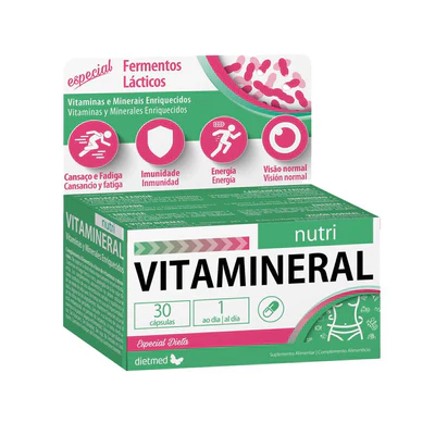 Vitamineral Nutri Dietmed 30 cápsulas Caixa de suplemento VITAMINERAL nutri com texto sobre fermentos lácticos e benefícios de vitaminas e minerais.