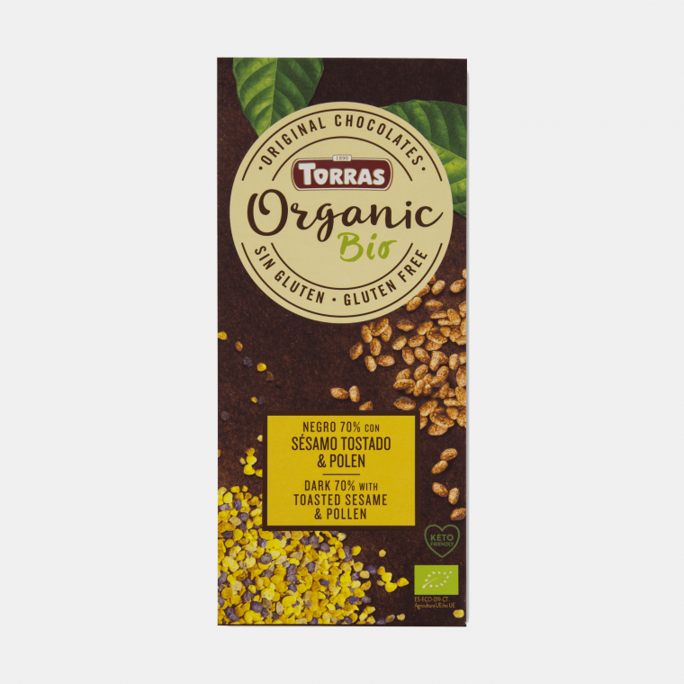 Chocolate Negro c/ Sésamo & Pólen Torras 100g Barra de chocolate orgânico Torras com sesamo tostado e pólen