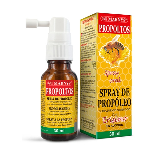 Spray de Propóleo Marnys 30ml Spray oral Propoltos Marnys com embalagem amarela, texto em vermelho, preto e verde, 30 ml.