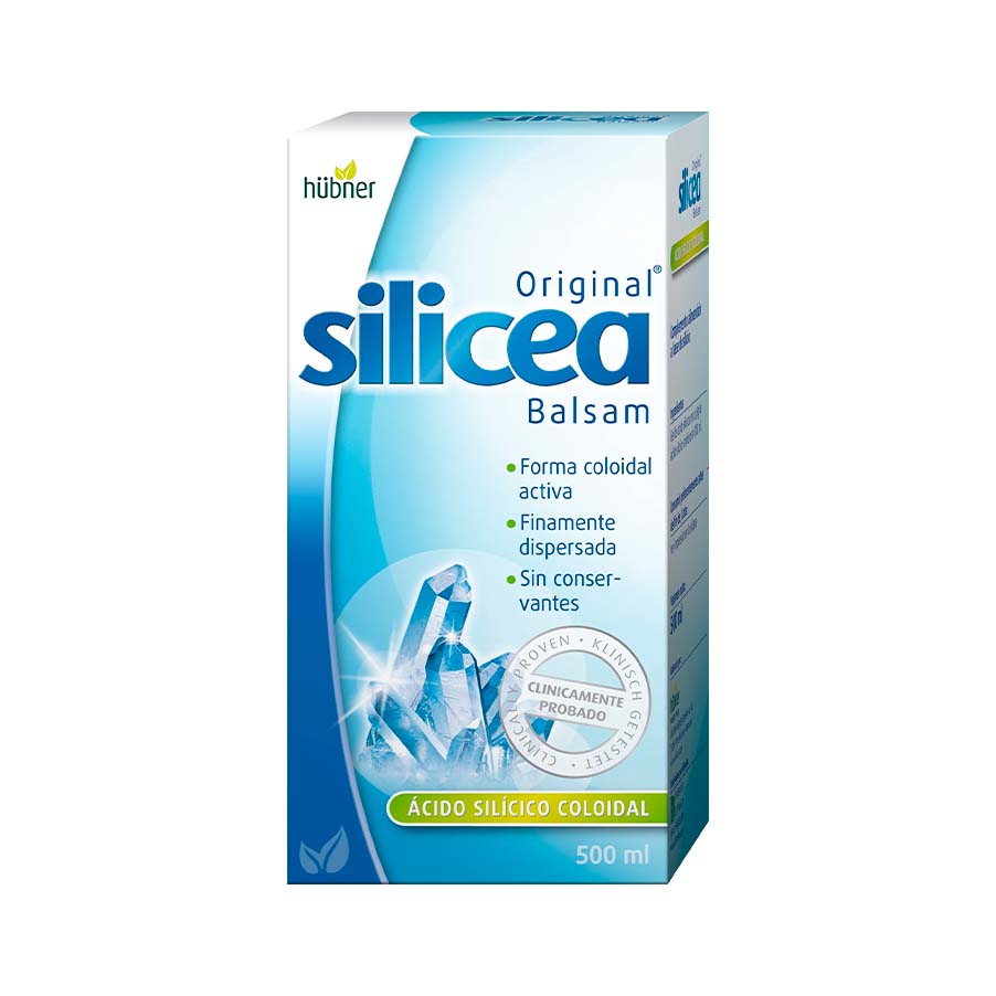Silicea Original Bálsamo Hubner 500ml Embalagem azul e branca de Silicea Original Balsam de 500 ml, mostrando texto em espanhol e selo de aprovação