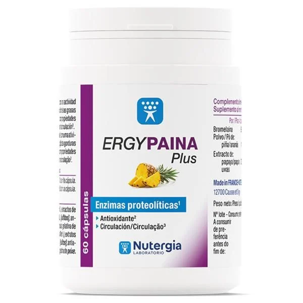 ErgyPaína Plus Nutergia 60 Cápsulas Frasco branco de suplemento alimentar ERGYPAINA Plus Nutergia com imagem de abacaxi