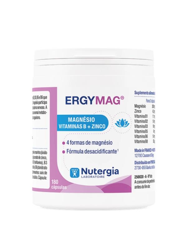 ErgyMag 180 Cápulas Nutergia Frasco de suplemento alimentar ERGYMAG com magnésio, vitaminas B e zinco