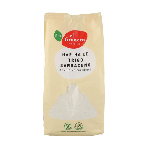 Farinha Trigo Sarraceno El Granero 500g Embalagem bege de farinha de trigo sarraceno bio El Granero com texto e símbolos vegano e sem glúten
