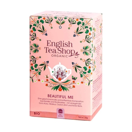 Beautiful Me English TeaShop 20 saquetas Caixa de chá orgânico English Tea Shop Beautiful Me cor-de-rosa com flores e texto