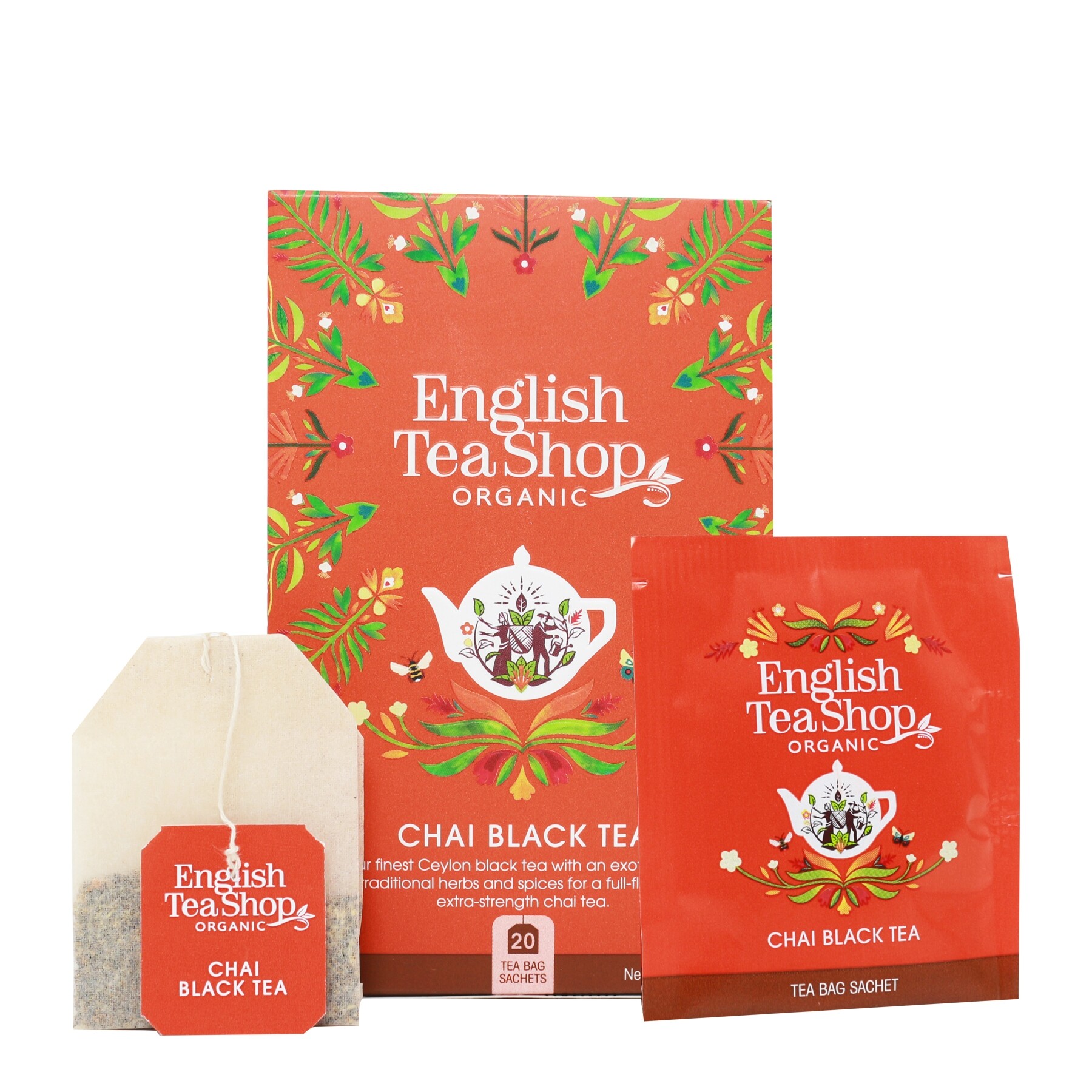 Chá Preto English Tea Shop 20 saquetas Caixa e saquetas de chá orgânico English Tea Shop Chai Black Tea