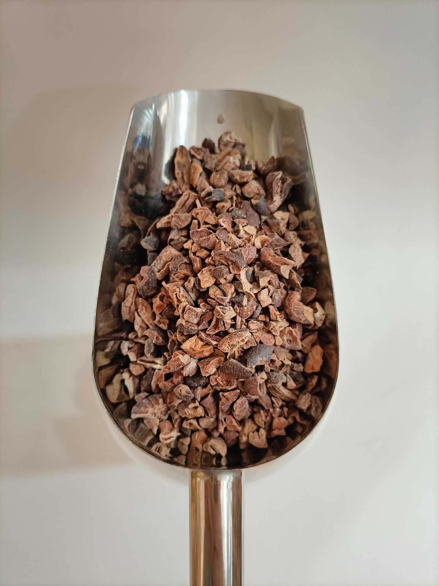 Pepitas de Cacau Crú Bio GRANEL Pá metálica com pedaços marrons escuros sobre fundo branco