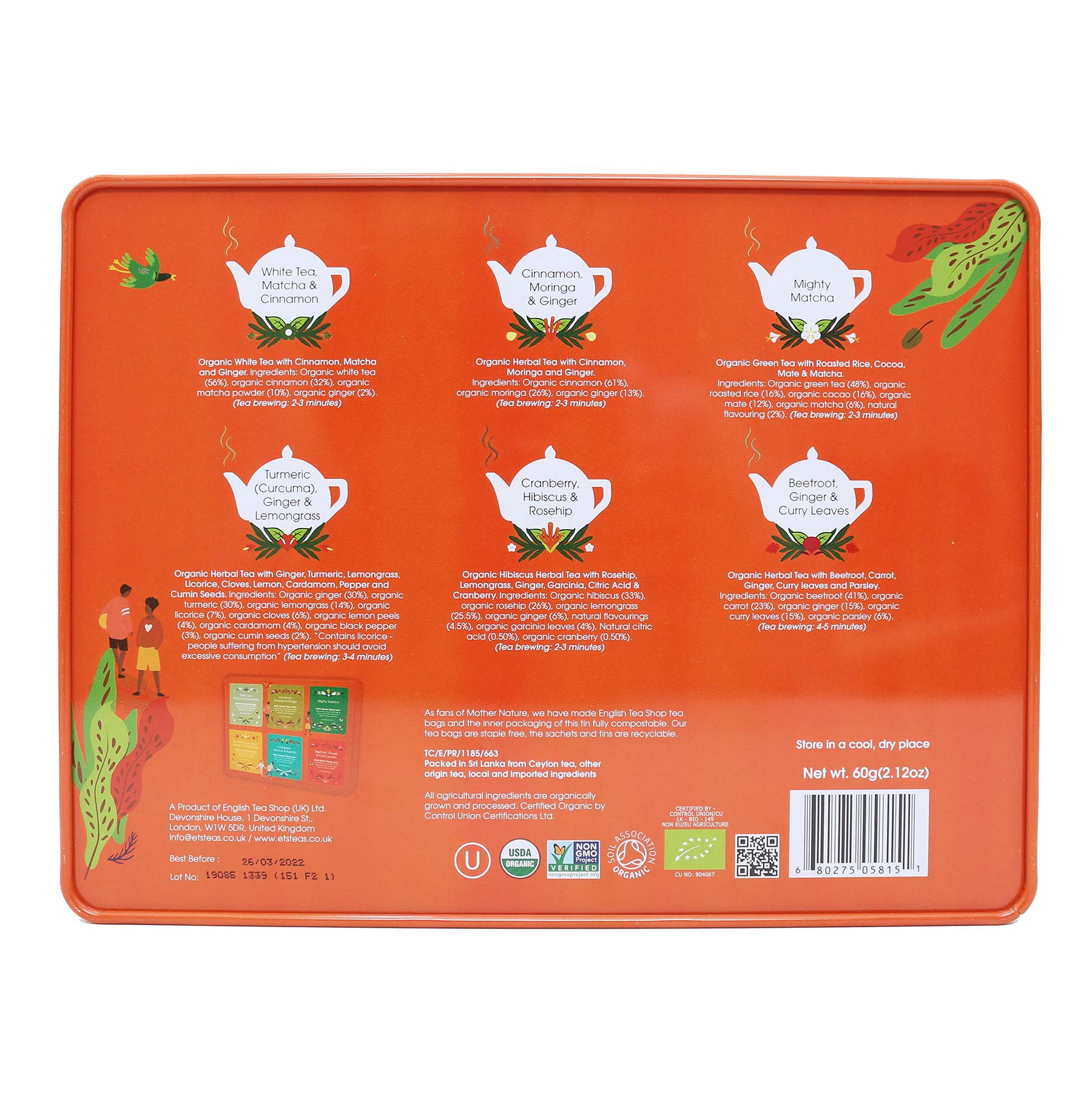 Lata Super Goodness Collection Tea English 36 saquetas Caixa metálica vermelha com texto e ilustrações de bules de chá